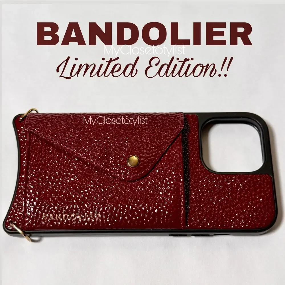 Bandolier LACQUER Leather 14plus Crossbody Chain Case SET wine/gold NEW RARE GEM